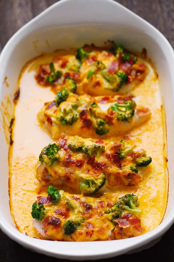 Baked Ranch Chicken with Broccoli and Bacon - in a white casserole dish.