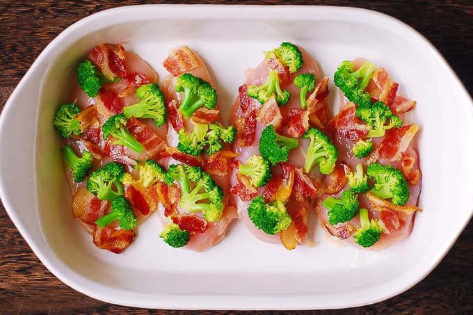 top chicken breasts with cooked bacon and broccoli