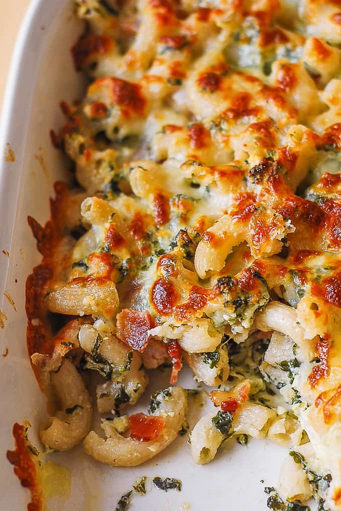 chicken bacon pasta bake with spinach dip