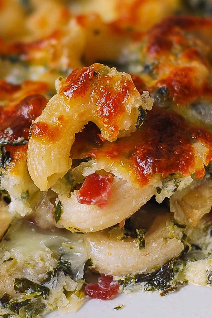 Chicken and Bacon Pasta Bake with Spinach Dip