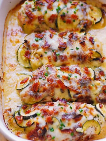 Baked Chicken Zucchini with Bacon - in a casserole dish.