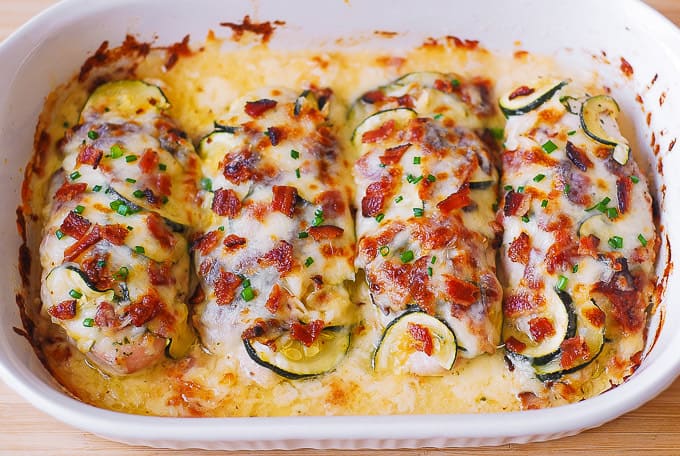 baked chicken with zucchini, bacon, Mozzarella, Parmesan cheese