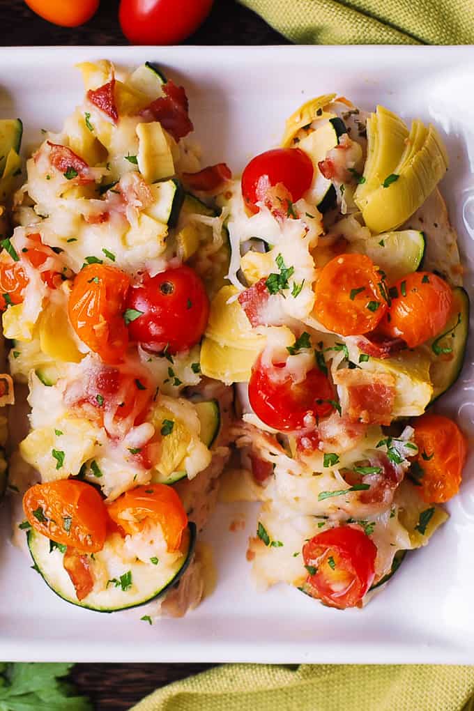 baked Italian chicken and vegetables with Mozzarella cheese