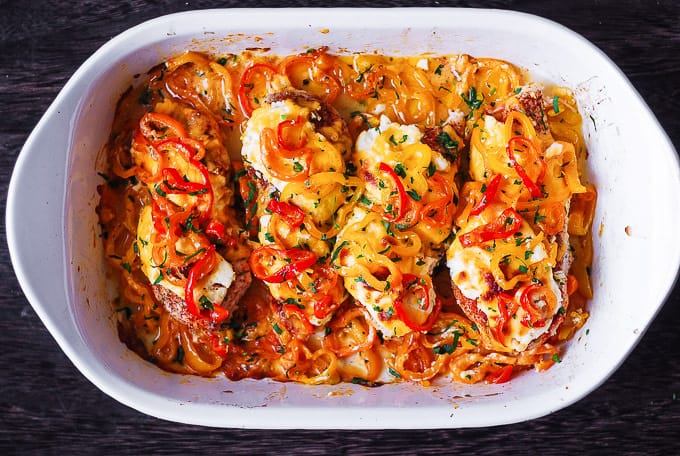 Cajun Chicken with Bell Peppers, Cheddar, Cream Cheese in a casserole dish