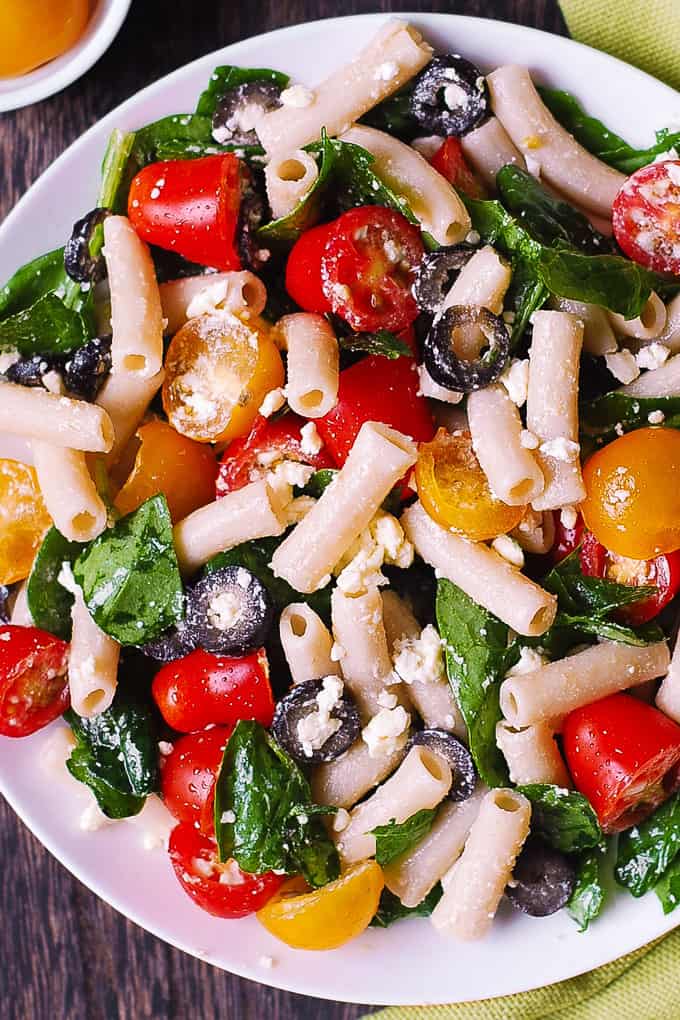 Greek Pasta Salad with Spinach, Olives, Cherry Tomatoes, Feta Cheese