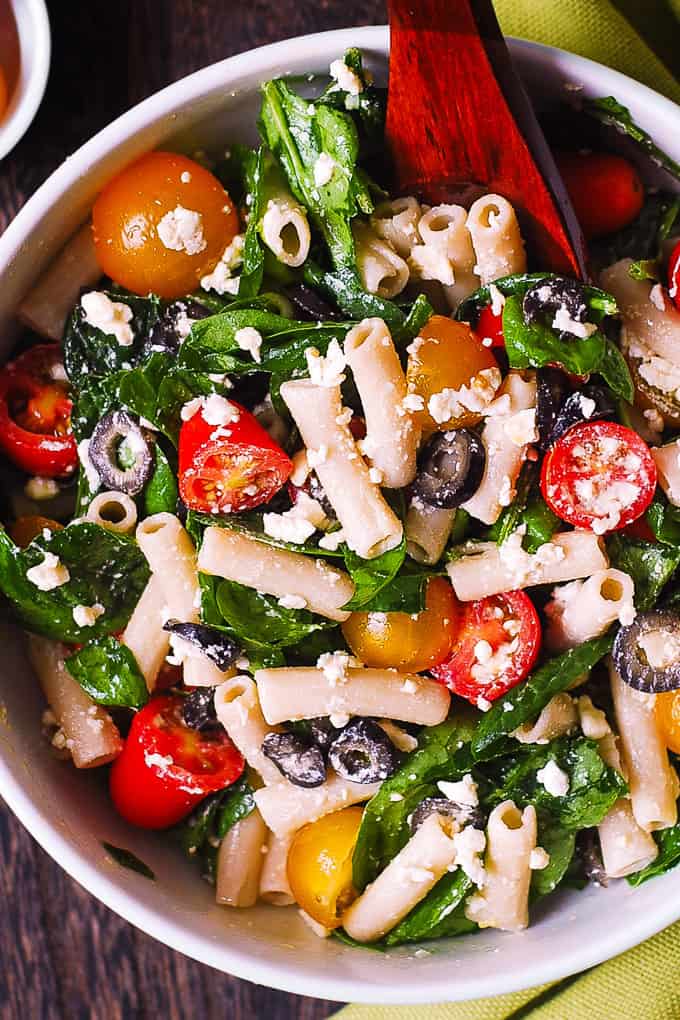 Greek Pasta Salad with Spinach, Olives, Cherry Tomatoes, Feta Cheese