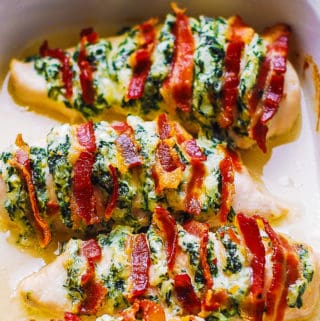 hasselback chicken with cream cheese, bacon, spinach