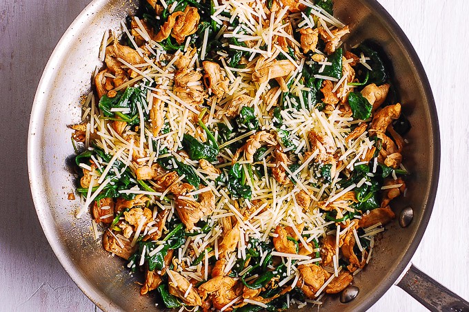 chicken with spinach, Parmesan cheese, in a skillet