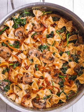 Bow Tie Pasta with Spinach, Mushrooms, Caramelized Onions