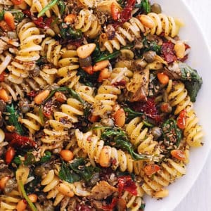 Fusilli with Spinach, Artichokes, Sun-Dried Tomatoes, Capers, Garlic, and Pine Nuts