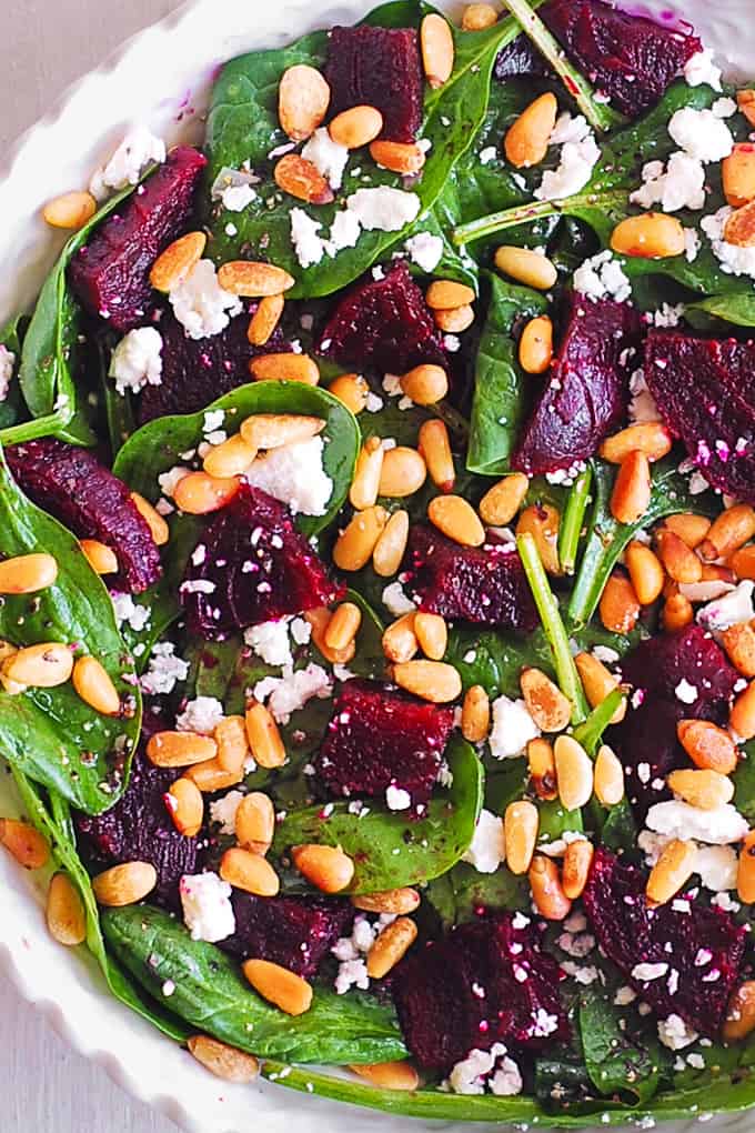 simple beet salad with goat cheese and pine nuts