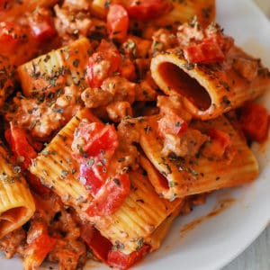 paccheri pasta with sausage and tomato cream sauce