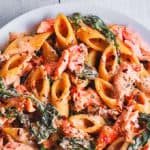 salmon pasta with sun-dried tomato cream sauce and spinach