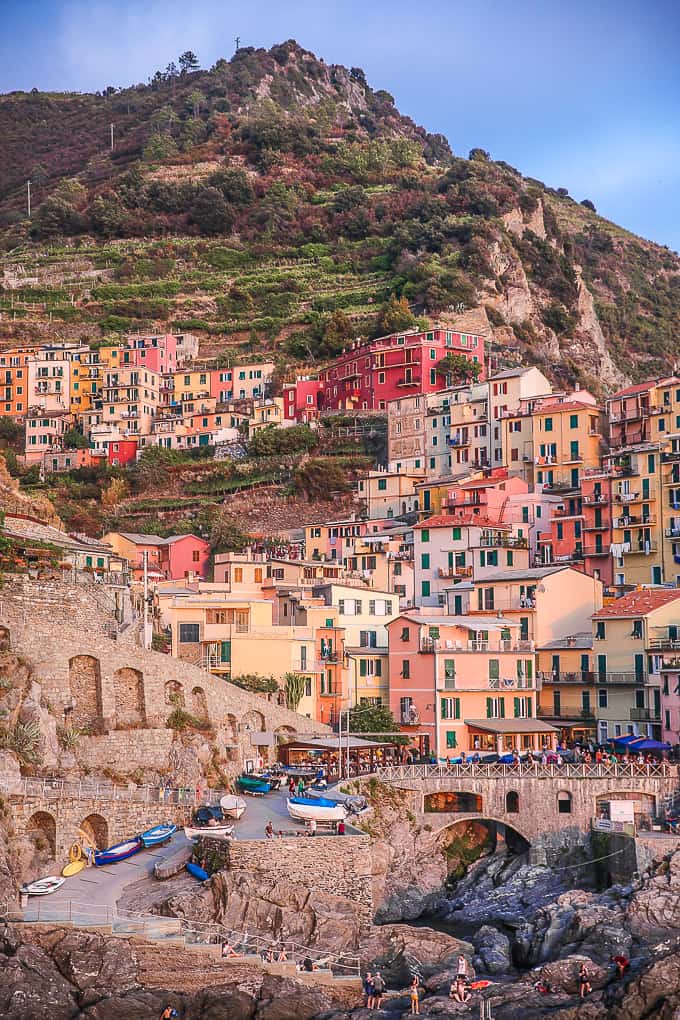 Colorful buildings along the hill in Manarola, Italy