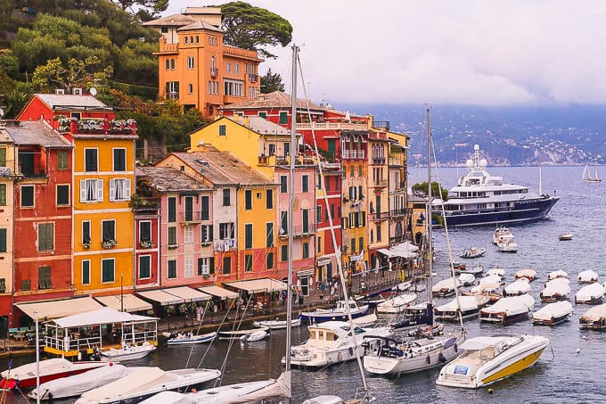 View of the buildings and boats in Portofino, Italy