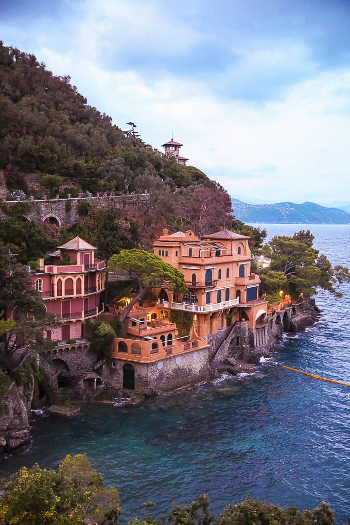 beautiful house on a cliff as seen from red carpet trail from Santa Margherita to Portofino, Italy