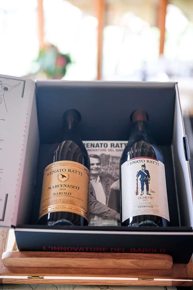2 wine bottles in a box at Renato Ratti Winery