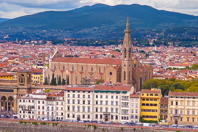 View of buildings and a mountain in the background in Florence, Italy