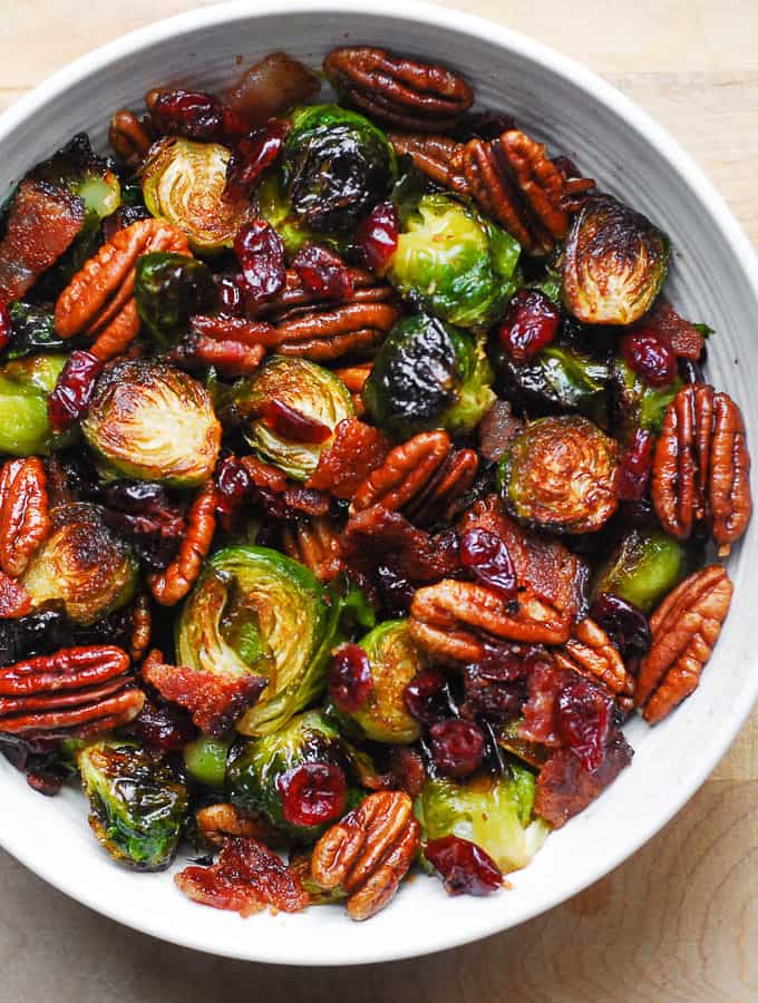 Christmas Brussels Sprouts and Bacon on a white plate