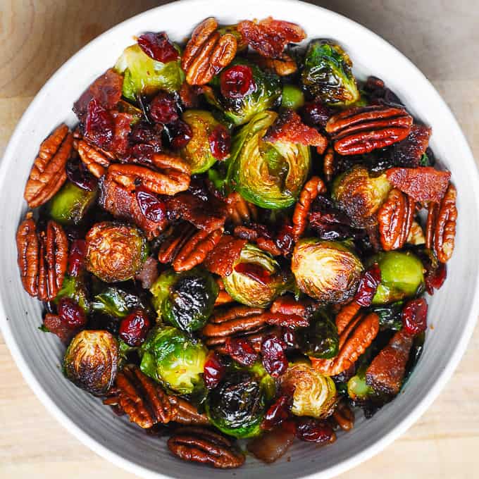 Roasted Brussels Sprouts with Bacon, Pecans, and Cranberries
