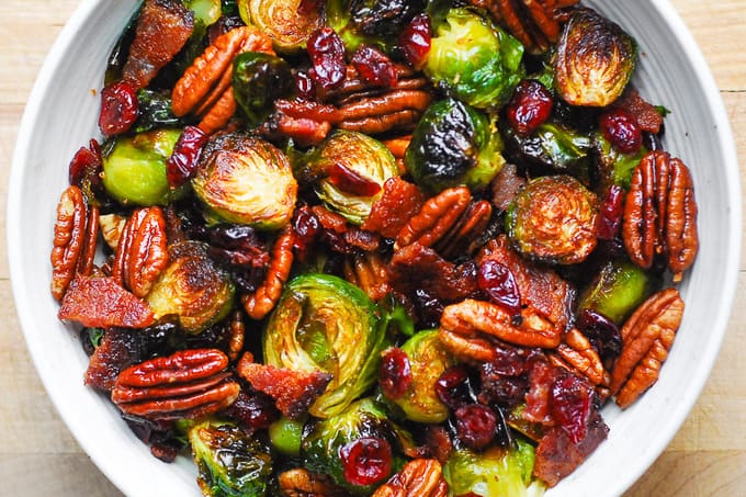 Roasted Brussels Sprouts with Bacon, Pecans, and Cranberries