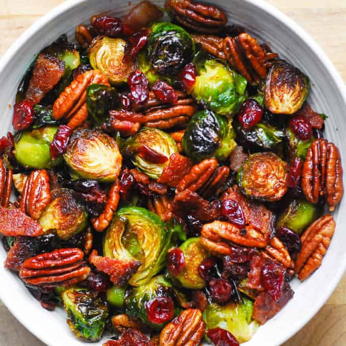 Roasted Brussels Sprouts with Bacon, Pecans, and Cranberries
