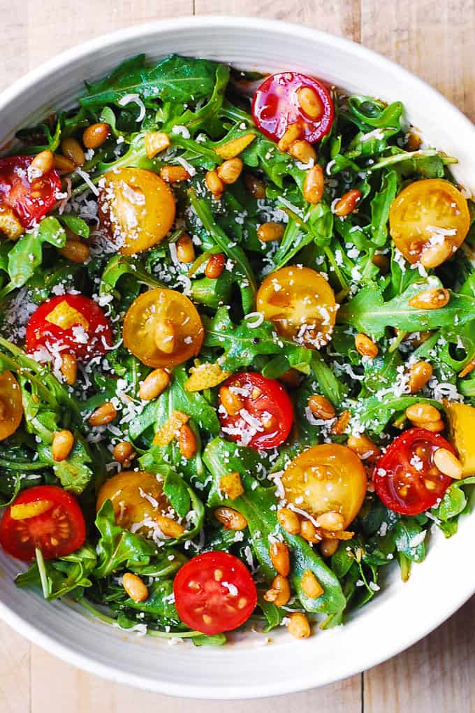 Arugula Tomato Salad with Pine Nuts, Parmesan, and Balsamic Dressing