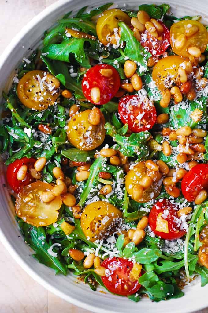 Arugula Tomato Salad with Pine Nuts, Parmesan, and Balsamic Dressing