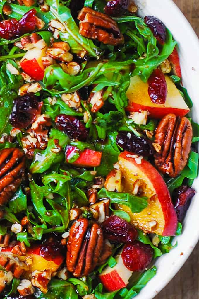 Arugula Salad with Apples, Cranberries, Pecans, and Balsamic Dressing
