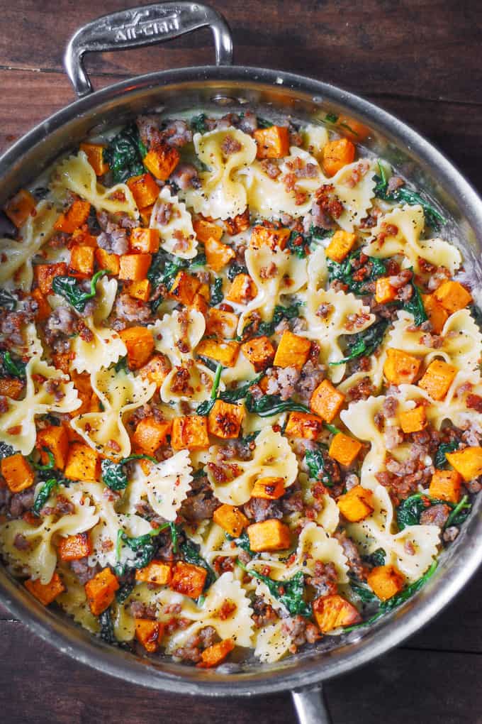 Creamy Butternut Squash Pasta with Sausage and Spinach - Fall Pasta Recipes