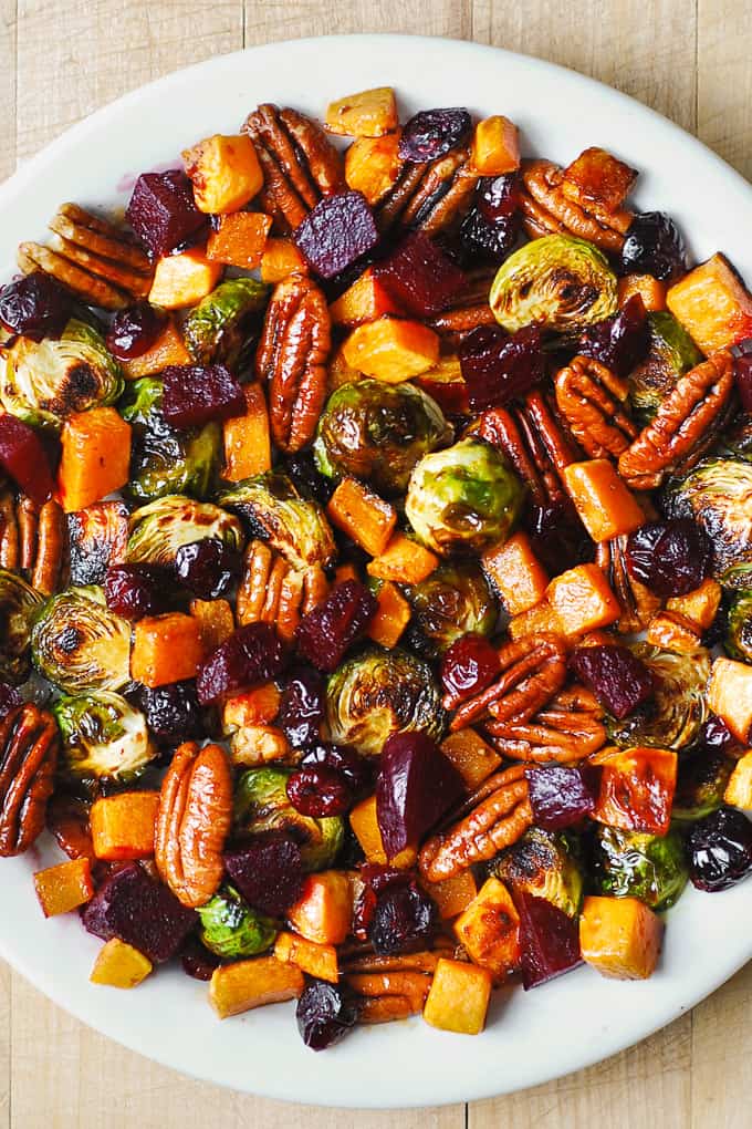 Winter Roasted Vegetable Salad with Butternut Squash, Brussels Sprouts, Beets, Pecans, and Dried Cranberries