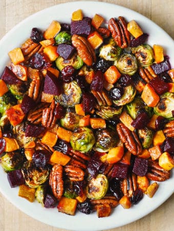 Winter Vegetable Salad with Butternut Squash, Brussels Sprouts, Beets, Pecans, and Cranberries