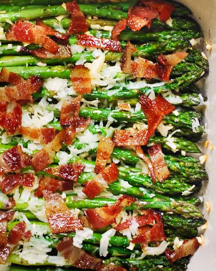 close-up of Cheesy Baked Asparagus with Gruyere cheese, Garlic, and Bacon