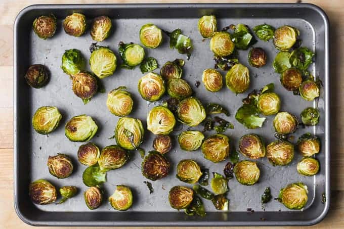 Roasted Brussels sprouts on a baking sheet