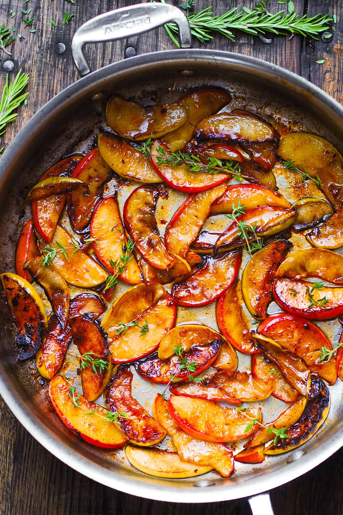 caramelized apples in a stainless steel pan