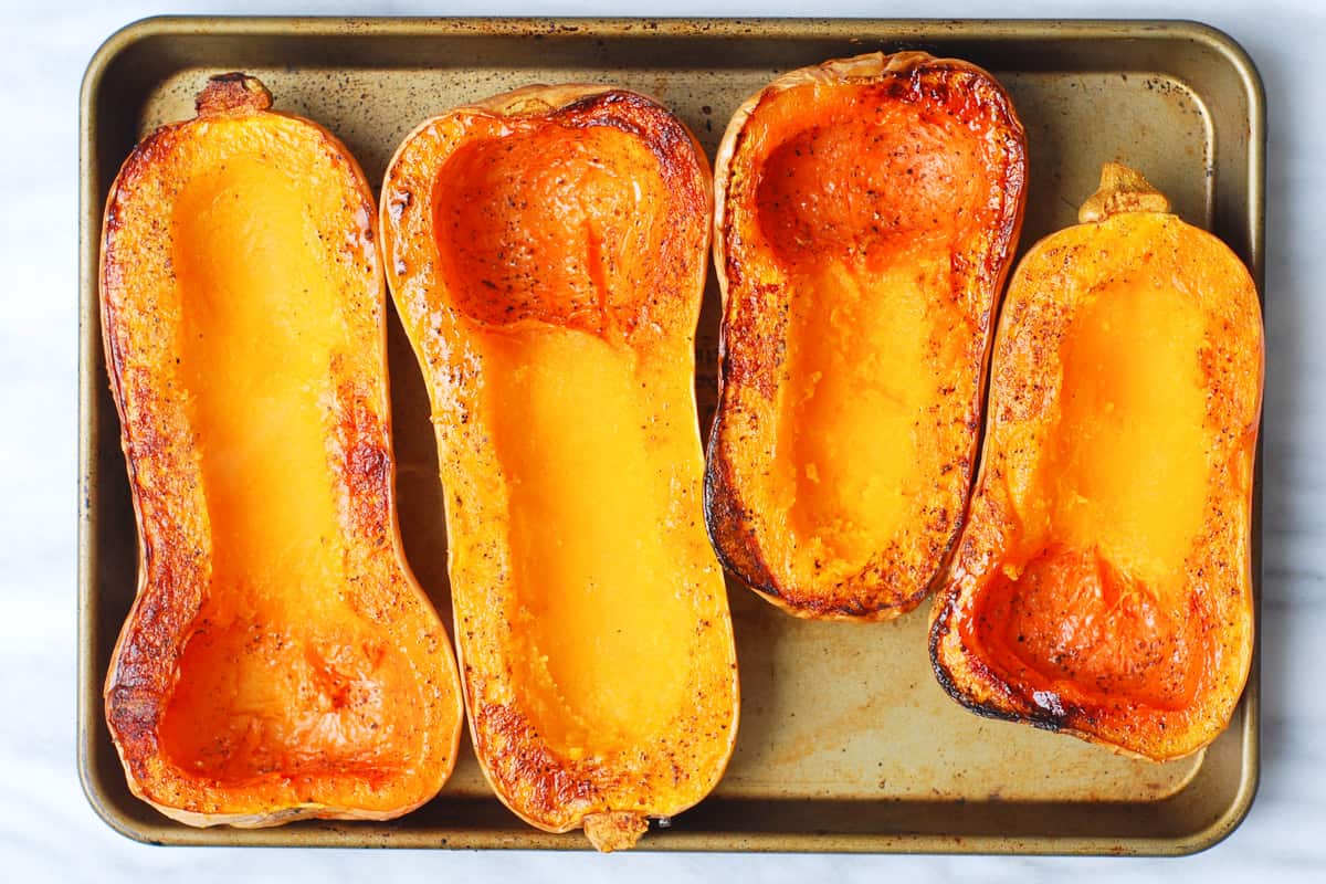 roasted butternut squashed with the scooped out flesh leaving about a 1-inch border along the sides 