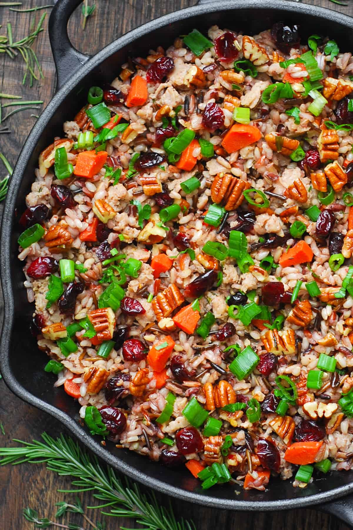 wild rice pilaf in a cast-iron pan