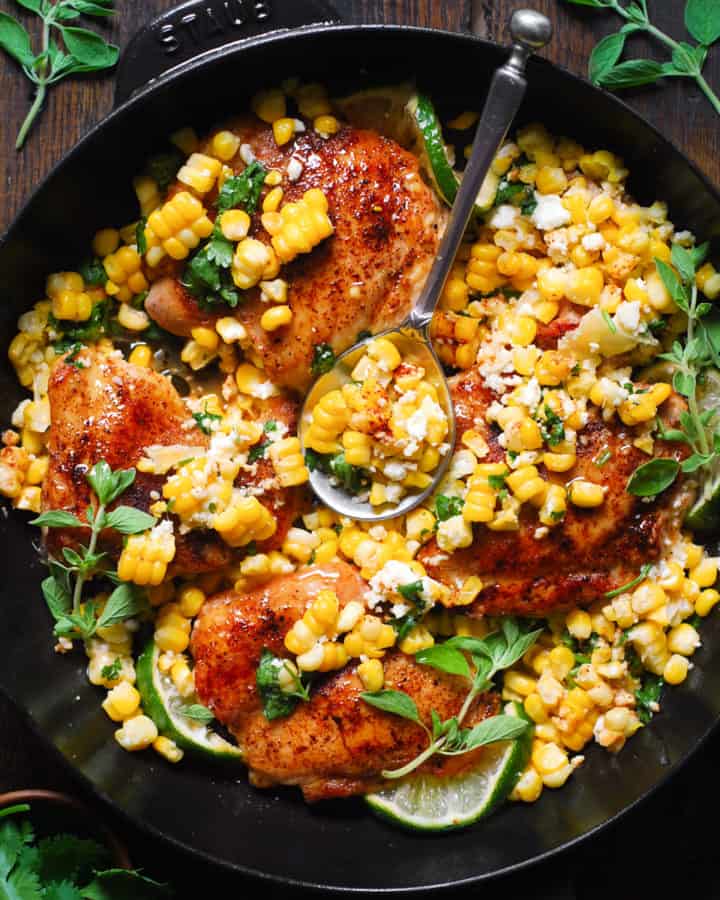 Cilantro-Lime Chicken and Corn - in a cast iron skillet.