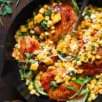 Cilantro-Lime Chicken and Corn in a cast iron pan