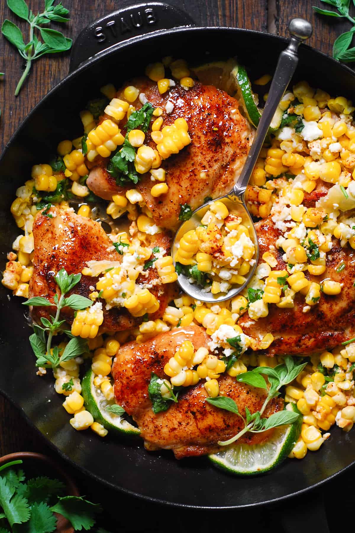 Cilantro-Lime Chicken and Corn in a cast iron skillet