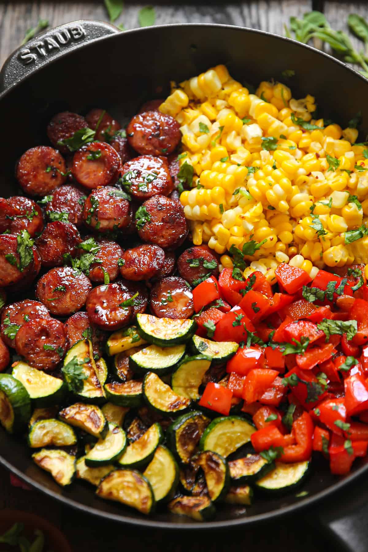 Sausage and Veggies Cast-Iron Skillet with Bell Peppers, Zucchini, and Corn