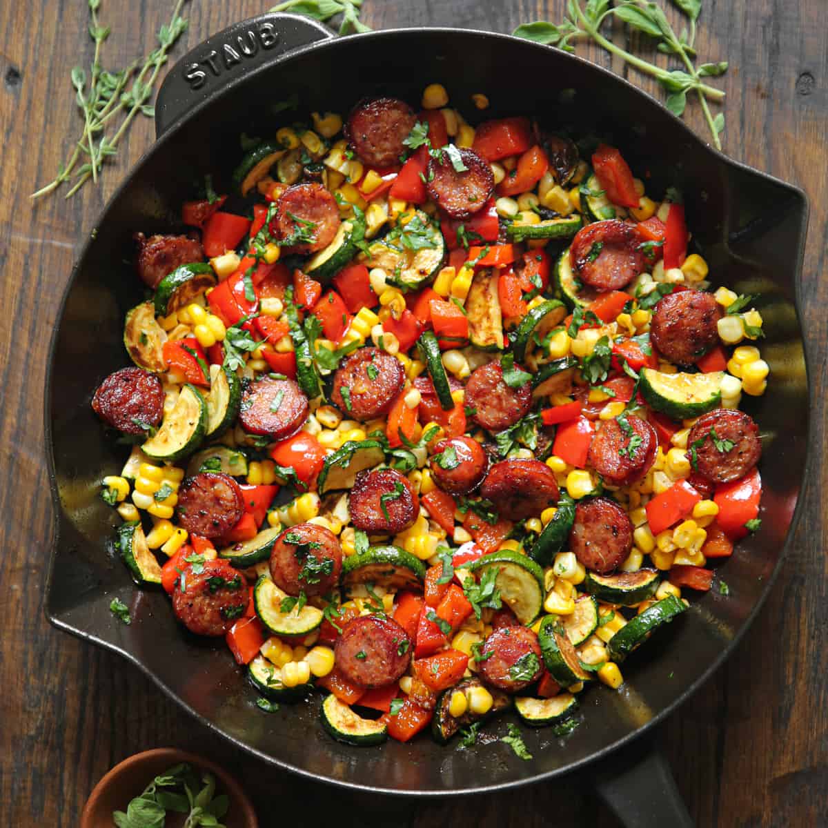 Sausage and Veggies Skillet with Bell Peppers, Zucchini, and Corn