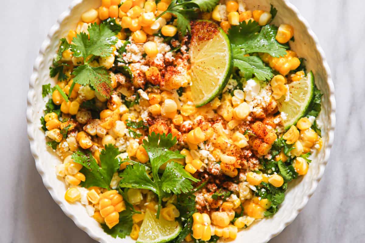 cilantro lime corn and feta mixture in a bowl