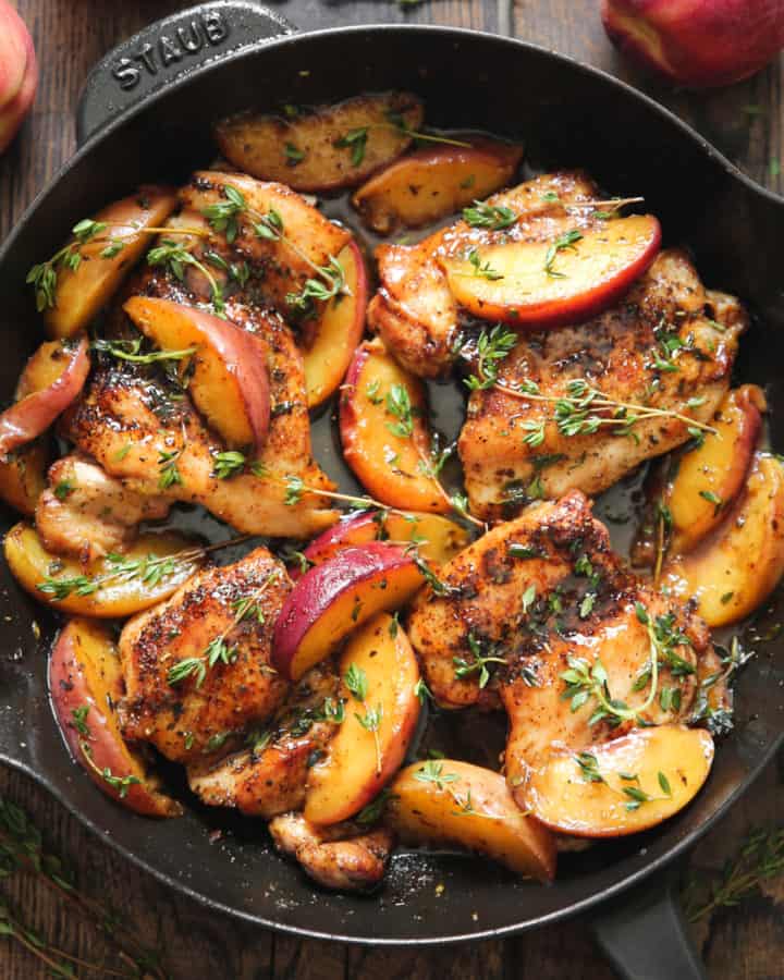 Chicken with Peaches in a cast iron pan
