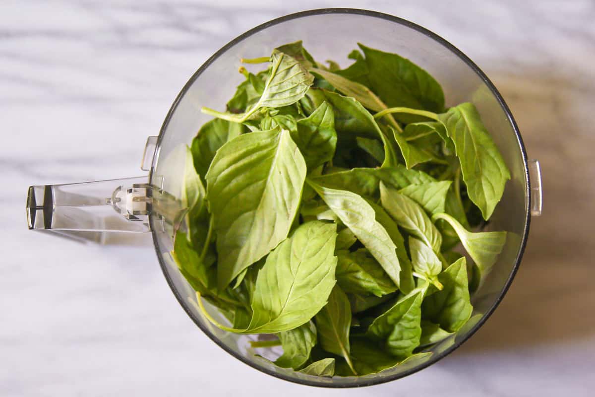 basil leaves in food processor