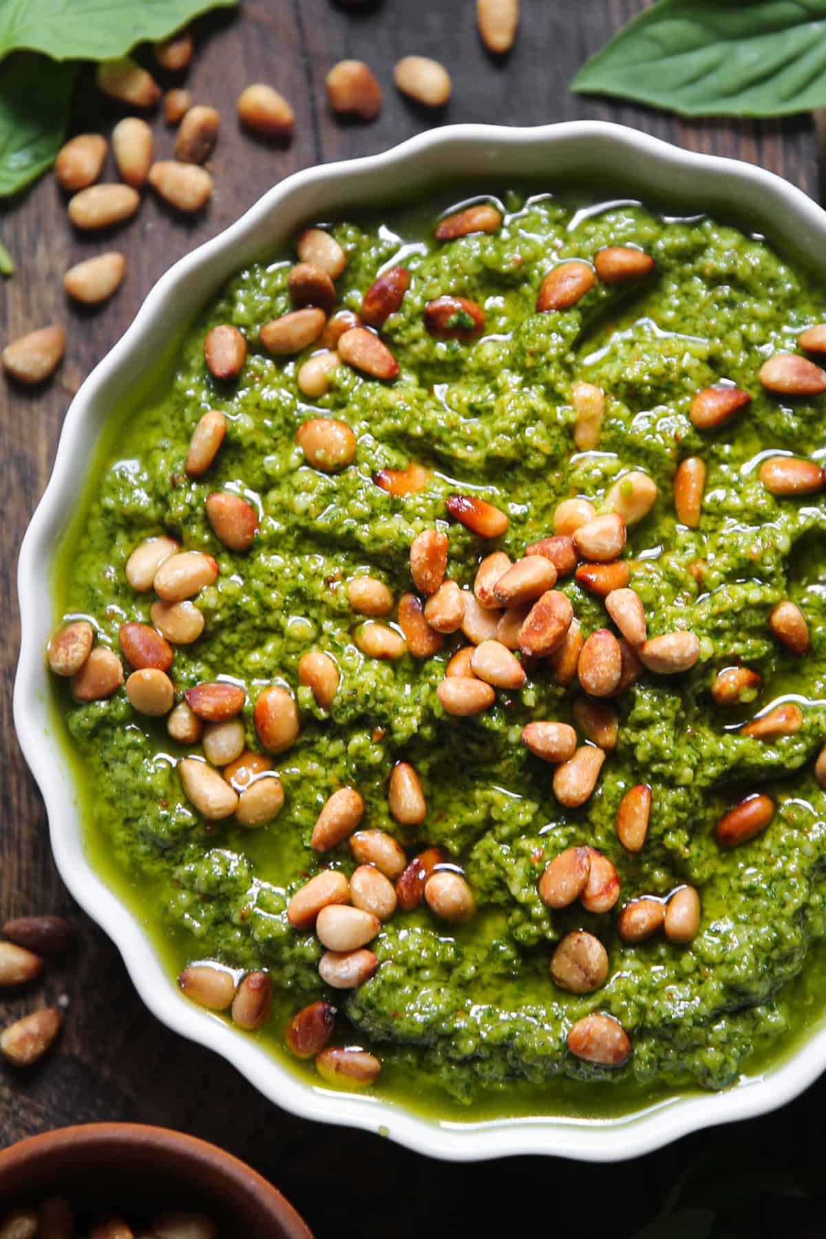 homemade basil pesto with pine nuts on top