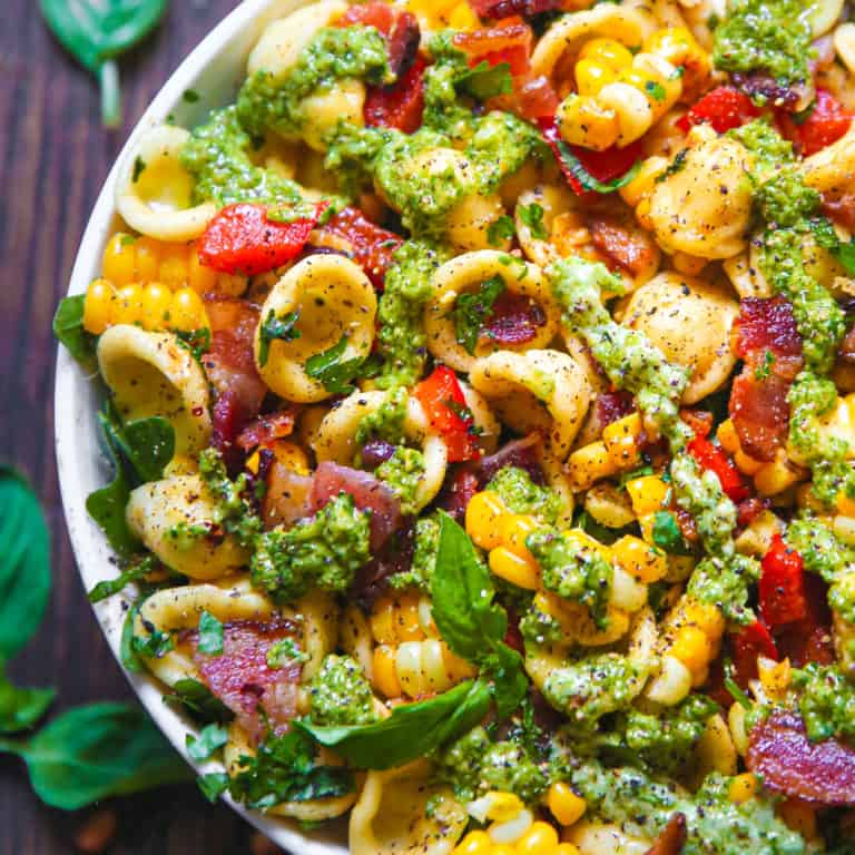 Corn Pasta Salad with Bacon and Creamy Pesto Dressing in a bowl