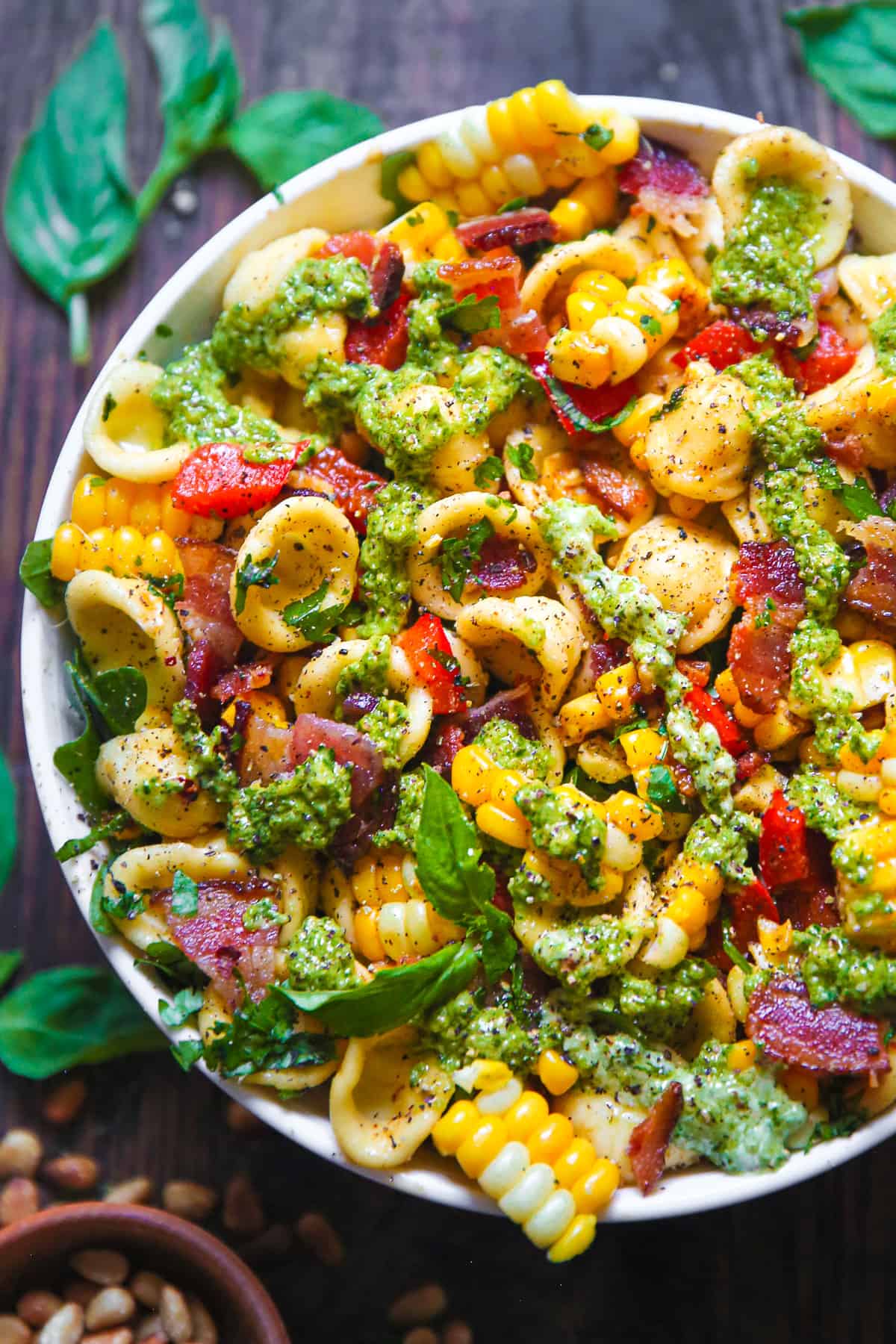 Summer Pasta Salad with Corn, Bell Pepper, Bacon, and Creamy Pesto Dressing - Pasta Salad Recipes
