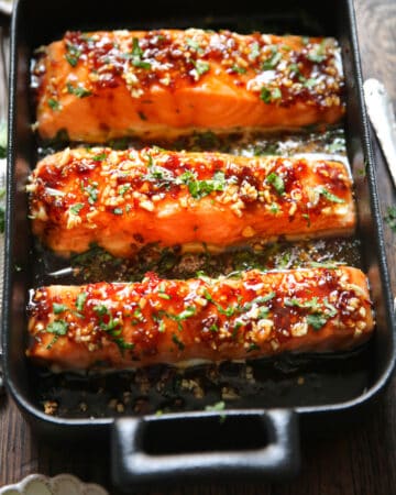 Honey Garlic Glazed Salmon in a baking dish