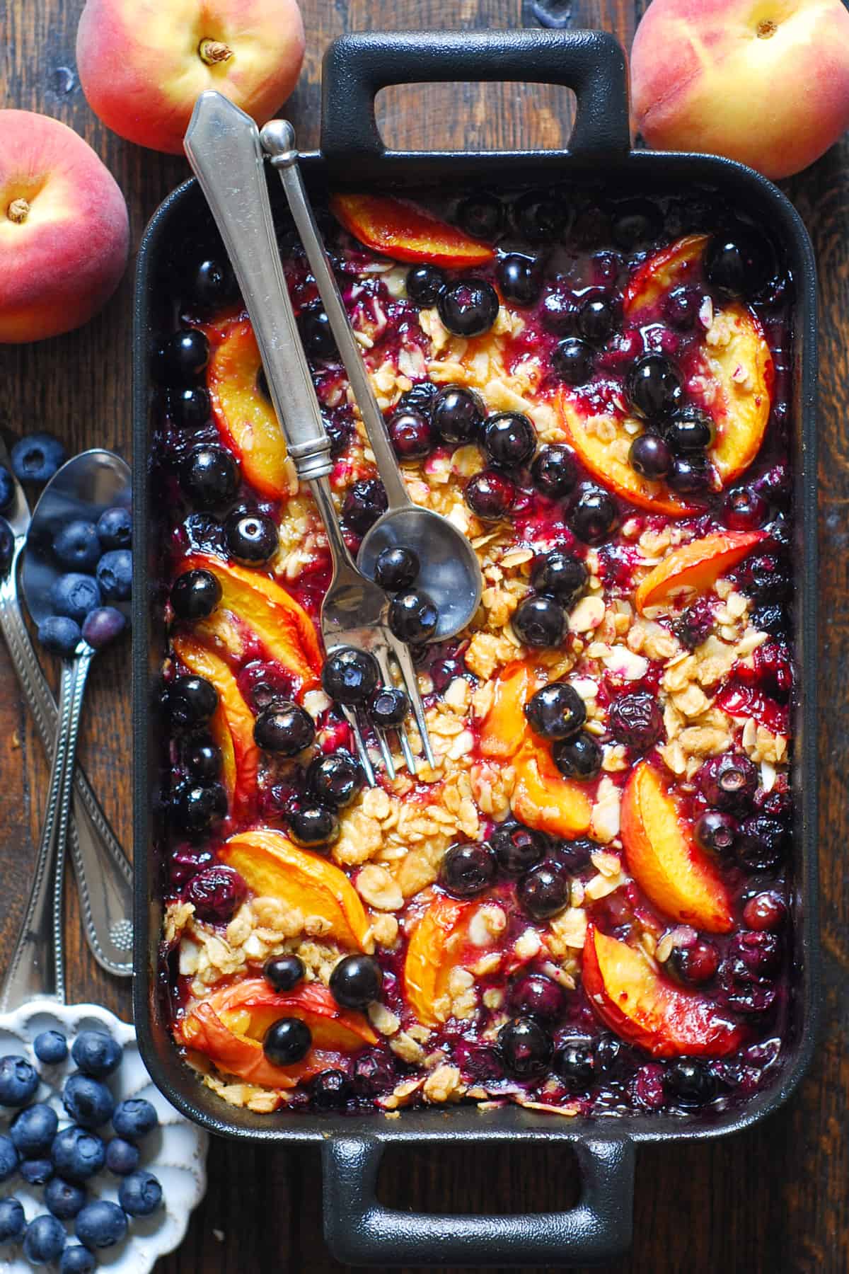 Peach and Blueberry Crisp in a baking dish